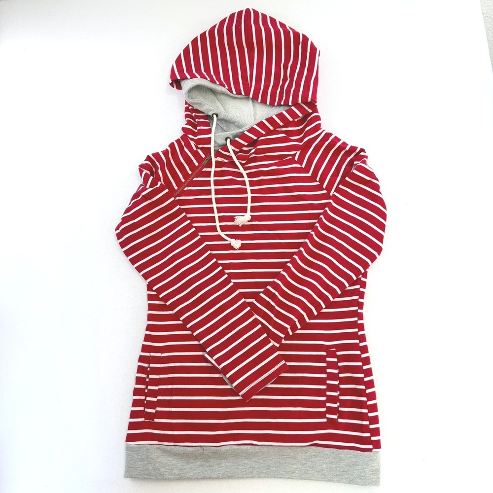 Ampersand Avenue Red White Striped Side Zip Hoodie Sweatshirt Womens Medium